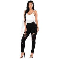 Mid Rise Women Latest Fashion Pure Color Ripped Stretch Skinny Jeans