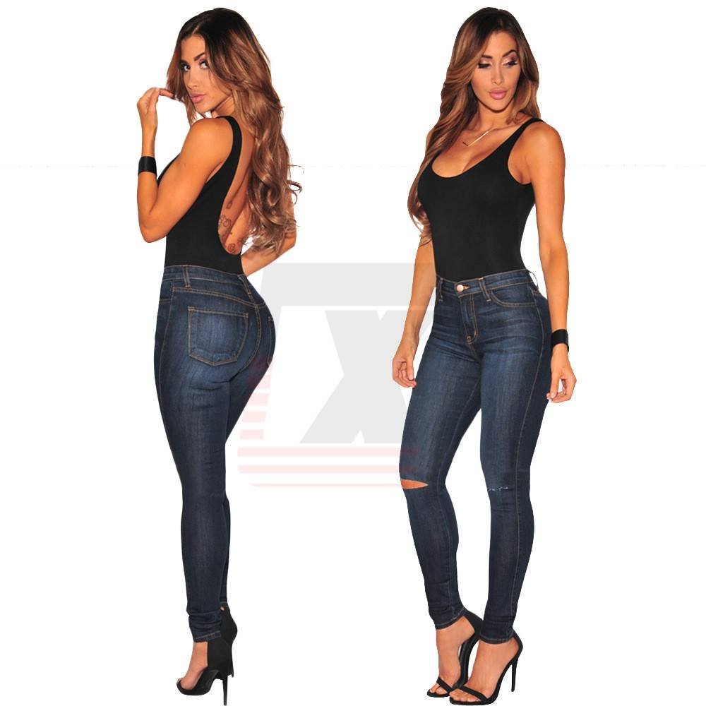 High Waist Lady Ripped Knee Blue Stretch Skinny Jeans with Holes