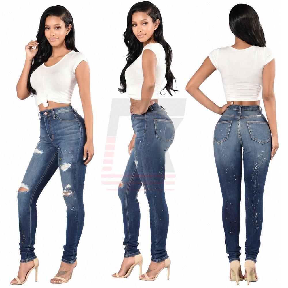 Blue High Rise Ripped Woman Stretch Skinny Jeans with Holes