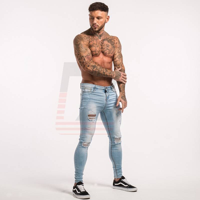 Low Rise Light Blue Knee Ripped Super Skinny Men Slim Fit Dropshipping Jeans