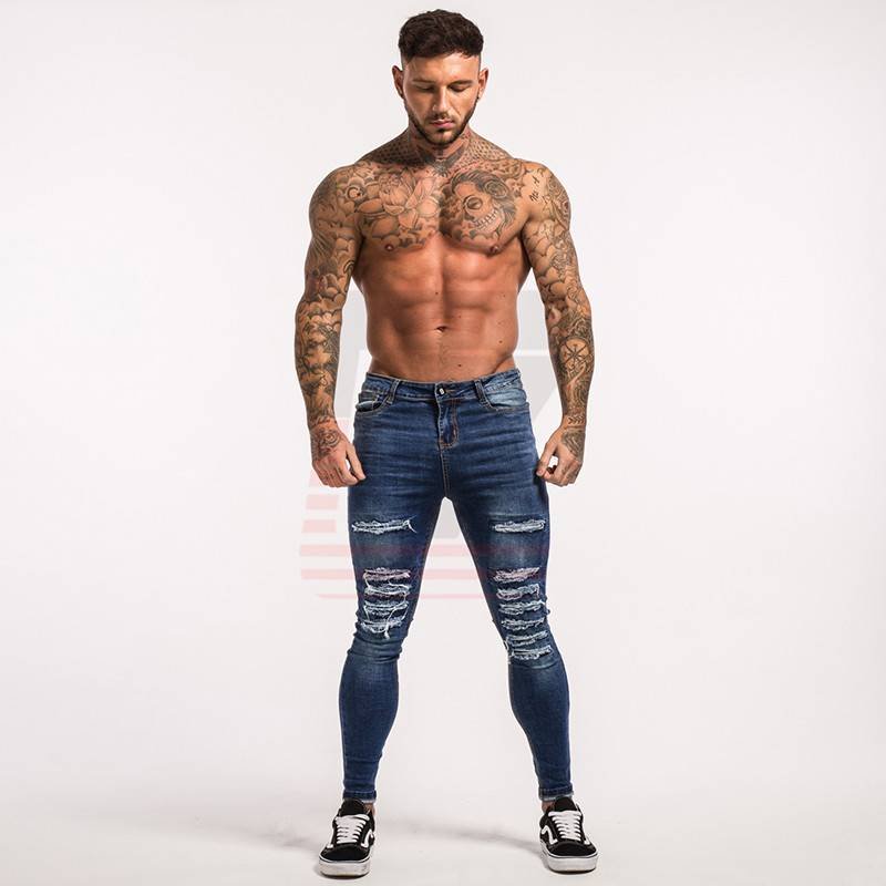 Mens Blue Distressed Skinny Fit Super Spray-on Stretchy Jeans for Streetwear