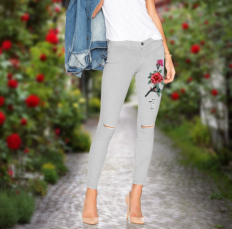 Color Grey Skinny Slim Fit Women Jeans 3d Flower Rose Embroidery Ladies Jeans