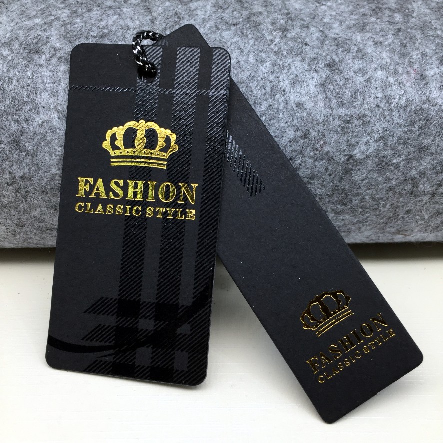 Custom spot UV hot stamping gold foil hang tag for clothing own logo